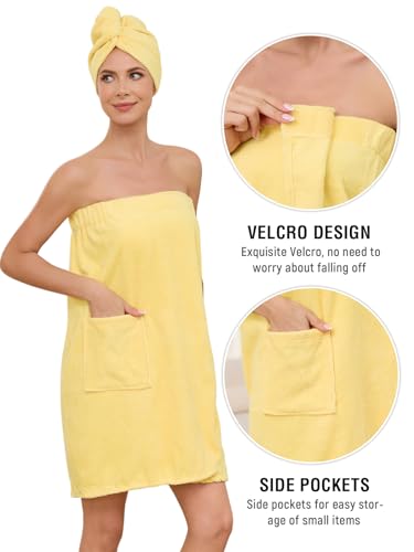 Image of Air Curvey Soft Wrap Towel for Women Lightweight Spa Body Wrap Shower Wrap Robe Adjustable Closure Bathrobe with Pocket Yellow S /M