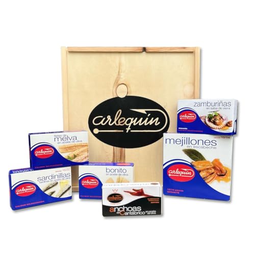 ARLEQUÍN Cesta Gourmet para Regalar con Anchoas de Santoña, Bonito en Aceite de Oliva, Mejillones Gigantes en Escabeche, Zamburiñas en Salsa de Vieiras, Melva y Sardinillas en Aceite de Oliva