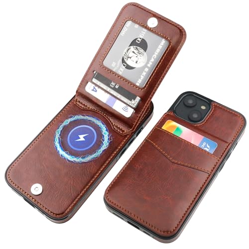 Image of KIHUWEY for iPhone 13 Case Wallet Compatible with MagSafe Wireless Charging, Credit Card Holder, RFID Flip Leather Magnetic Clasp Kickstand Heavy Duty Protective Cover 6.1 Inch (Brown)