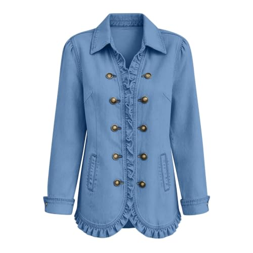 Denim Jacket for Women Fall Ruffle Trim Open Front Button Down Peplum Coat - image 4
