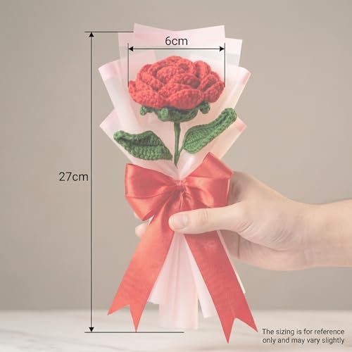 Image of Handmade Crochet Red Rose Bouquet, Artificial Forever Flowers, Acrylic Yarn, 25cm, Gift for Anniversary Birthday Valentine's Day