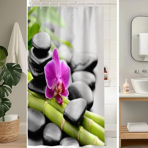 Uiiooazy Rideau Douche Anti Moisissure, Rideau de Douche 120x180cm Bambou Vert Spa Zen Orchidée Fleuri Rideaux de Baignoire Tissu Lavable Imperméable Polyester Rideaux...