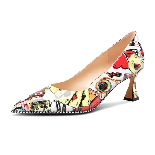 Image of TNYNFBEB Womens Mid Kitten Heel Pointed Toe Pumps Slip-on Silver Beaded Prom Party Dress Patent Leather 2.6 Inches Heels