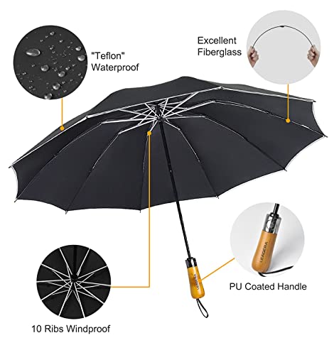 Leagera Sun Umbrella Uv Protection Compact Windproof Reverse Umbrella For Rain - 54 Inch Portable Automatic Open And Close Folding Inverted Car Travel Umbrella With Wooden Handle For Men,Black #TOP7