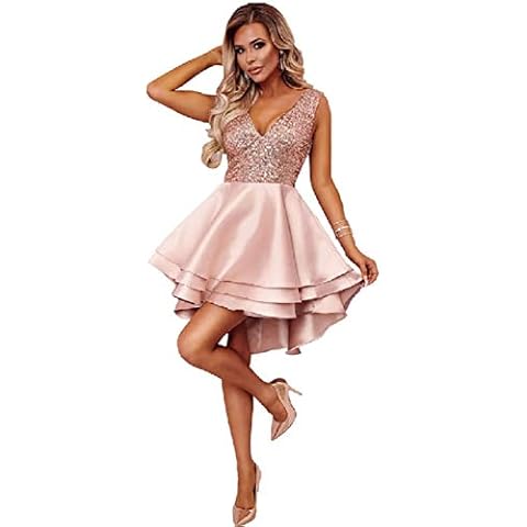 SAMGU Women Sexy Sequin Dress V Neck Sleeveless Ruffle Hem Cocktail Party Mini Dress Pink-L Cover