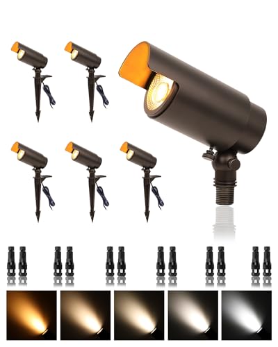 ZestPatio LED Landscape Spotlights, 7W 5CCT Wired Uplighting Outdoor with Adjustable Beam Angle, 12V Low Voltage Spot Lights Outdoor with Connectors for House Yard Tree, ETL, Bronze, Pack of 6