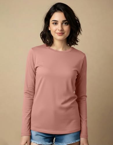 Image of JUNEBERRY Pure Cotton Round Neck Regular Fit Core Fashion Solid Full Sleeve T-Shirt for Women & Girls (Colors: Black, Cork, Green, Navy, Swanwhite & White)