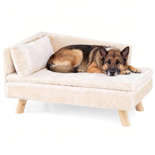 SOARS Divano per cani con schienale, cuscino e gambe in legno, divano per cani di piccola taglia, cuccia rialzata, divano per animali domestici, 81 x 51 x 47 cm, beige