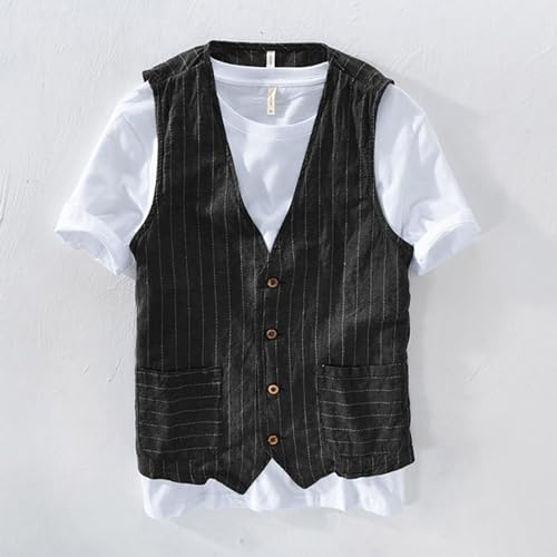 Casual Vest for Men Linen Button Down Regular Fit Striped Sleeveless Shirt Business Summer Lightweight Suit Waistcoat2