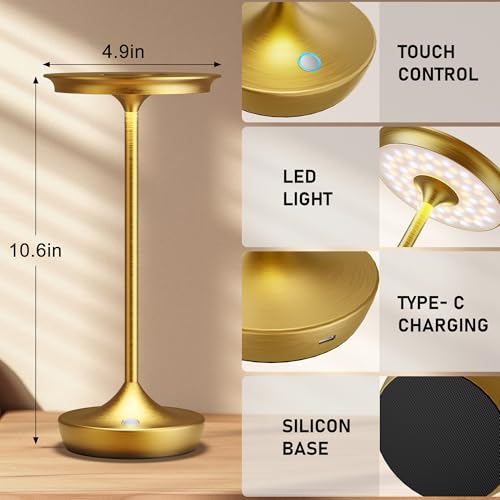 Image of LED Rechargeable Cordless Outdoor 6000mAh Battery Table Lamp 2-Pack Gold | Portable Waterproof 3 Color Stepless Dimmable Lights Memory Function for Patio Restaurant Bar Dining Room