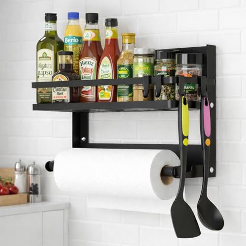 Zenquira Gewürzregal Wand Ohne Bohren Küchenregal Hängend mit Küchenrollenhalter und 4 Haken Spice Rack für Küchen Organizer Schwarz 30×29.5×21CM