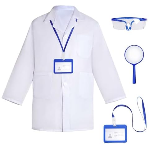 mifengda Doctor Scientist Costume Kids Lab Coat Costume and Goggles for Kids Children Scientist Doctor Costume Dress Up Kit with Goggles ID Card Magnifying Glass for Kids Halloween Costume Role Play Cover