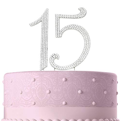 15 Cake Topper, 15th Happy Birthday, Anniversary, Vow Renewal, Crystal Rhinestones on Silver Metal, Party Decorations, Favors