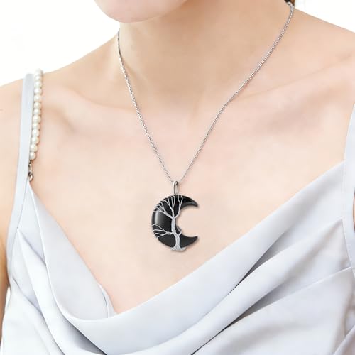 Image of XIANNVXI Tree of Life Wire Wrapped Crescent Moon Pendant Necklace Reiki Healing Crystal Stone Necklaces Natural Gemstone Quartz Jewelry for Women