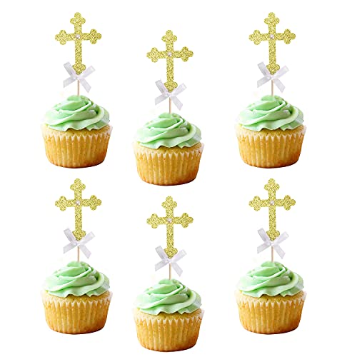 Baptism Cupcake Toppers - Baptism Decorations, Set Of 12 Gold Glitter Cross Cupcake Toppers With White Bow, God Bless Cake Decorations, First Holy Communion Decorations, Baby Shower Decorations #TOP5