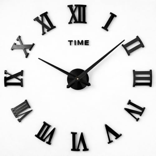 Image of PulGos 90cm Giant DIY Wall Clock - 3D Modern Roman Numeral Acrylic Sticker - Stylish Frameless Large Wall Decor for Living Room & Office - Bold Self-Adhesive Timepiece for Elegant Home Interiors