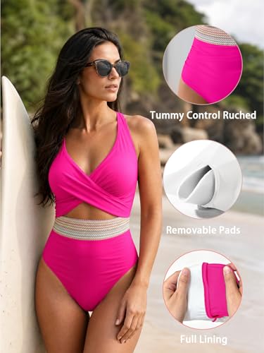 Image of B2prity Women's One Piece Swimsuit Tummy Control High Waisted Bathing Suit | Color Block,Removable Soft Cups,Cutout,V neck,Full Coverage,Adjustable Criss Cross Straps,Tie Back