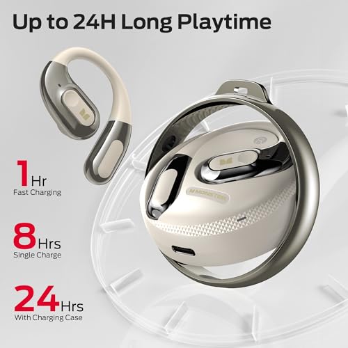 Image of Monster Open Ear Headphones AC330, Wireless Earbuds Bluetooth 5.4 with Clear Talk, Stylish Rotating Case with Lanyard, Type-C Charging, Comfort Fit, 24H Playback, IPX5 Water Resistant, White