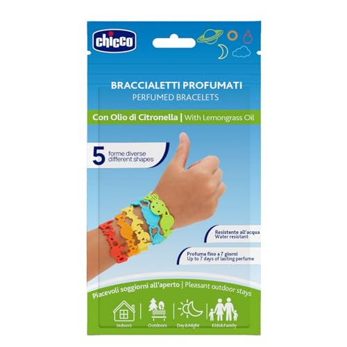 Chicco Braccialetti Profumati alla Citronella per Bambini e Adulti, Colorati e Divertenti, Ideali per Polsi e Caviglie, Fragranza Naturale di Origine Vegetale, Confezione Multipack da 5 Pezzi