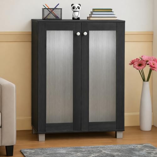 Image of Mevigo Shoe Rack Wooden with Door - 2 Door 4- Tier Engineered Wood Shoe Rack Organizer for Entryway, Hallway & Bedroom, Space Saving Shoe Storage Cabinet -Dark Grey-RB1