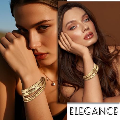 17IF Gold Bangle Bracelet For Women, 14k Multilayer Charm Textured Stackable Bracelets Boho Indian Chunky Cuff Fashion Jewelry Gift2