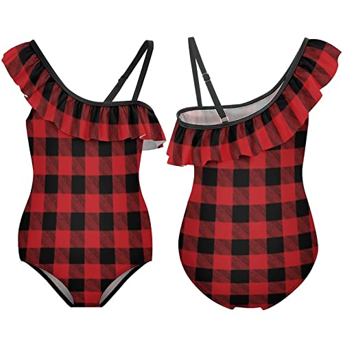 Red Buffalo Plaid Girl's Swimsuit One Piece Ruffle Bathing Suit Swimwear Beachwear4