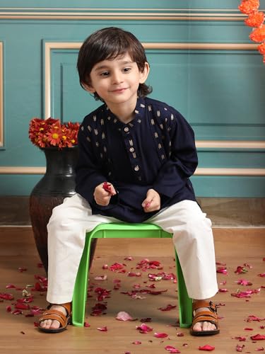 Image of POLKA TOTS Boys Cotton Ethnic Kurta Pajama Set with Attached Koti | Ethnic Motif Wear Kids Kurta Pyjama for Boys & Toddlers | Traditional Dress for Weddings & Festivals | Festive Jubba Set for Babies