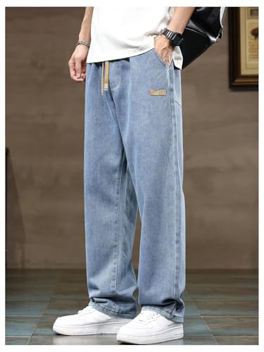 OYOANGLE Men's Vintage Elastic Drawstring Waist Jeans Casual Straight Leg Denim Pants4
