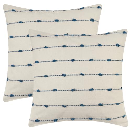 Image of Uxcell 2 Pack Polycotton Striped Squar Cushion Coverse, Modern Boho Decorative Throw Pillow Cases for Sofa Couch Blue 45 x 45 cm