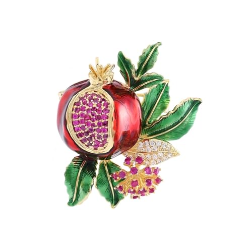 Image of luxurious pomegranate flower women brooch inlaid with cubic zirconia exquisite enamel fruit ruby and green leaf design backpack badge jacket hat dress anti light pin birthday jewelry gift