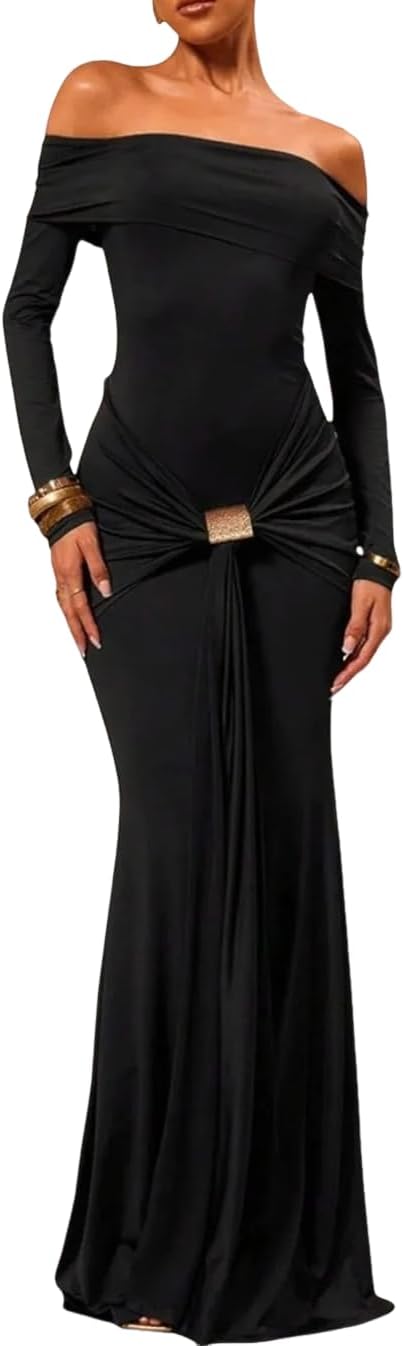 Women's Grace Maxi Dress Off Shoulder Long Sleeve Bodycon Elegant Solid Formal Gown for Wedding Guest