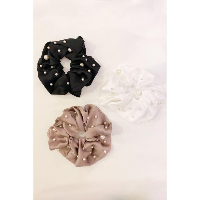 Shivashay 3 Plain scrunchies with White pearls for Girls & Women (Pack of 3)