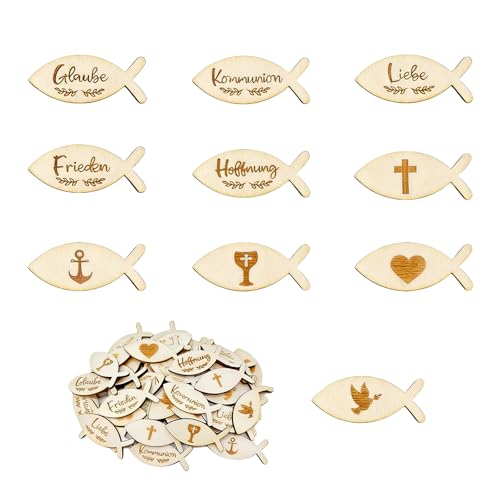 180 Stück Holzfische Streudeko Kommunion Und Tischdeko Konfirmation Set Ichthys Symbole Aus Holz Für Taufe Dekoration Erstkommunion Feiern Zubehör 10 Verschiedene Motive