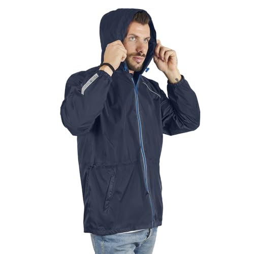 PERLETTI Giacca Impermeabile Uomo Antivento Leggera - Impermeabile Pioggia Sportivo con Cappuccio e Dettagli Catarifrangenti - Trench Giacca a Vento Uomo Antipioggia Corsa Trekking Outdoor (L, Blu)