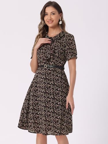 Image of Allegra K Women's Peter Pan Collar Tie Neck Short Sleeves A-Line Elegant Belted Vintage Floral Dress