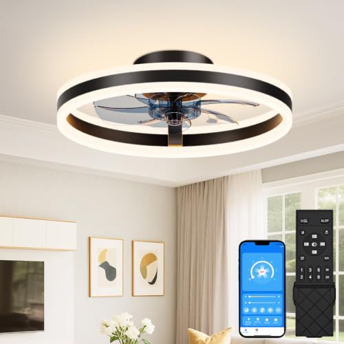 VOLISUN Low Profile Ceiling Fans with Lights and Remote, 16in Flush Mount Ceiling Fans with Light, 3000K-6500K Dimmable Fandelier LED Fan Light, Black Bladeless Ceiling Fans with Lights for Bedroom