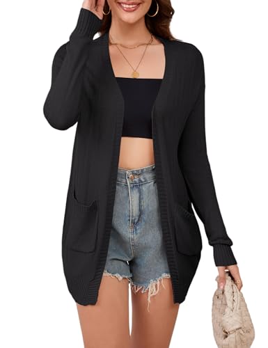 Image of Womens Open Front Lightweight Cardigans Oversized Two Pockets Long Sleeve Knit Sweaters
