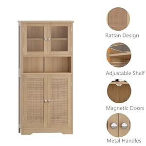 Irontar Rattan Bathroom Storage Cabinet, Bathroom Cabinet with Open Shelf, Large Display Cabinet with Rattan Doors, Kitchen Pantry Cabinet, 23.6 x 11.8 x 50.4 Inches, Natural CWG006M Irontar Rattan Bathroom Storage Cabinet Bathroom Cabinet with Open Shelf Large Display Cabinet with Rattan Doors Kitchen Pantry Cabinet 236 x 118 x 504 Inches Natural CWG006M