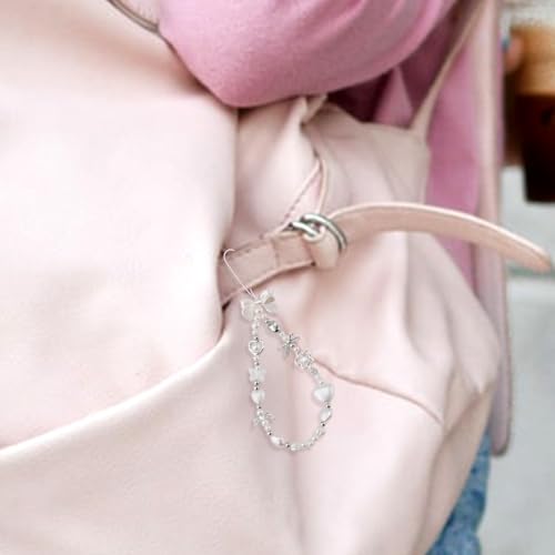 Gosknor Handy Anhänger Charms, Perle Herz Schleife Handy Anhänger Perlen Süß Y2K Handy Armband Kette Handy Schlüsselanhänger Handgelenkschlaufe Handy Schlüsselring Rucksack Geldbörse Kamera