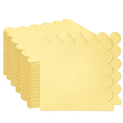 FALIZIFU 100 Pieces 2-Ply Yellow Scalloped Napkins Folded 5 x 5 inch Disposable Cocktail Napkins Paper Napkins for Dinner Wedding Birthday Party Yellow Beverage Napkins