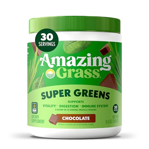 Amazing Grass Super Greens Powder Organic Greens Superfood Powder Smoothie Supplements Supports Digestion Probiotics Spirulina Beet Root Chocolate 30 Servings 8.5 Ounce (Packaging May Vary)