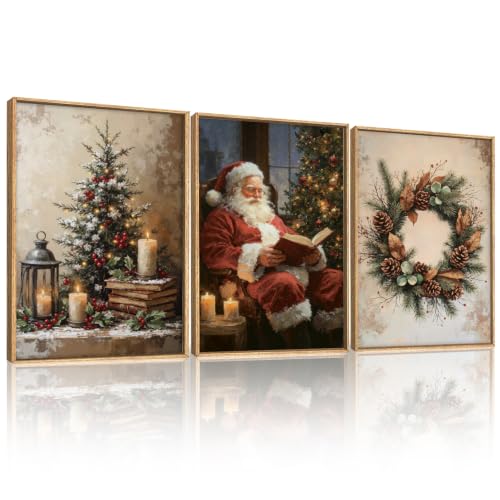 HOURIA Vintage Christmas Tree Santa Claus Framed Canvas Wall Art Set, Rustic Pinecone Wreath Berries Decor, Retro Winter Cozy Night Candle Light Artwork for Living Room, Xmas Holiday Gifts - 12"x16"x3