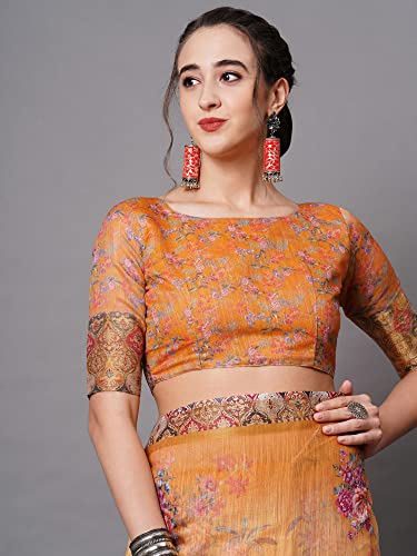 Image of AKHILAM Women's Ikat Linen Saree With Blouse Piece