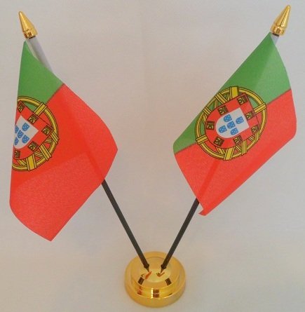 Portugal Portugese 2 Flag Desktop Table Display With Gold Base