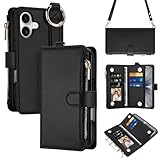 Vofolen for iPhone 17 Case Wallet with Card Holder RFID Blocking Crossbody Strap Leather Flip Heavy Duty Shockproof Protective with Magnetic Clasp Zipper Pocket Metal Ring Wrist Strap Phone Case-Black