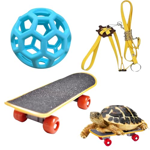 ZKFSIE Tortoise Toys Tortoise Enrichment Toys with Skateboard and Treat Ball Interactive Training and Feeding Set for Small Reptile Pets Includes Blue 9cm Ball and Adjustable Yellow Harness