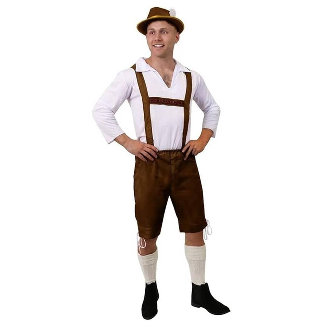Mens Brown Bavarian Costume - Medium - Traditional Lederhosen Shorts with Detailed Straps and White Long Sleeve Shirt - German Oktoberfest Beer Festival Fancy Dress Outfit for Men