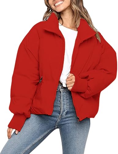 InterNos Womens Winter Stand Collar Zip Puffer Jacket Baggy Short Padded Down Coats(0128-Red-S)