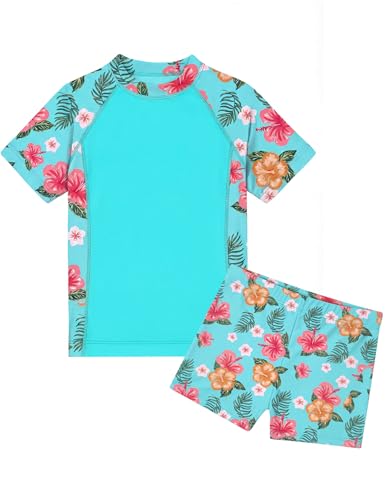 Image of Girls Swimsuit Colorful Short Sleeve Bathing Suits UPF 50+ Rash Guard Set Two Piece Summer Swimwear