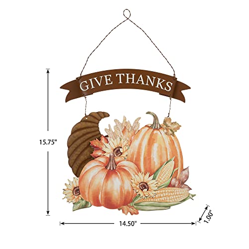 Glitzhome 16" H Thanksgiving Wall Decor Give Thanks Hanging Sign Decorations Pumpkin Croissant Corn Decorative Signs Plaques Fall Harvest Decor Wall Mounted Metal Wooden Sign For Front Door Home #TOP1